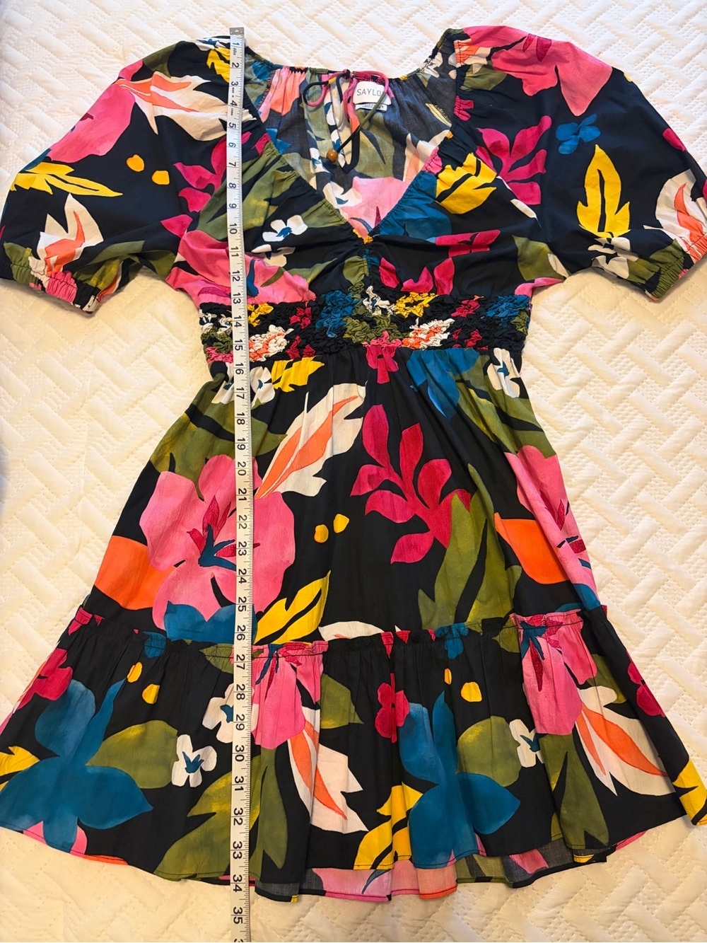 SAYLOR | Black Floral V-Neck Mini Dress with Bright Blooms and Smocked Waist - Picture 9 of 10